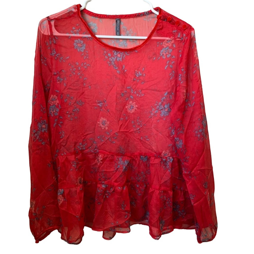 MASSINI Women’s Red Floral Print Sheer Long Sleeve Ruffle Bottom Blouse